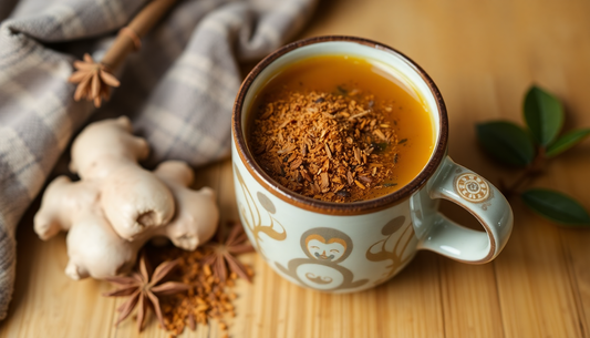 Cup of ginger tea with spices and fresh ginger root showcasing AMAZON Plus ginger tea premix benefits