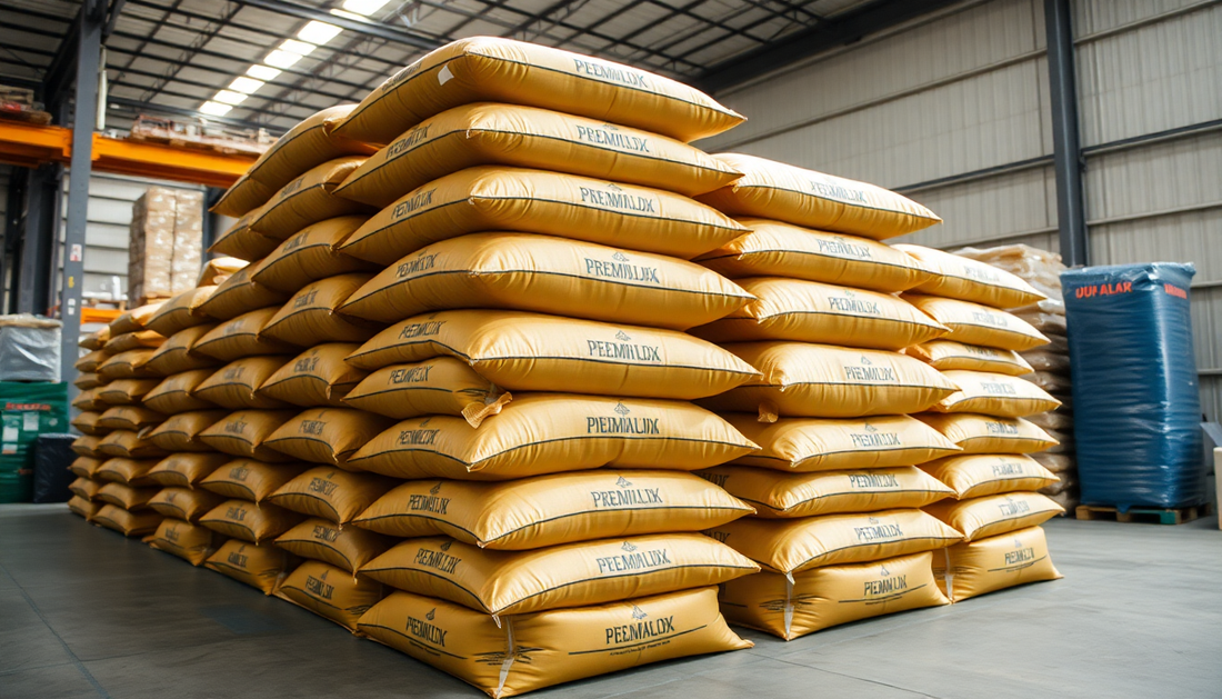 Bulk coffee premix bags stacked in a warehouse