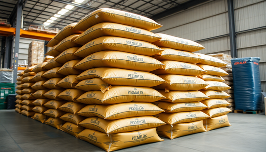 Bulk coffee premix bags stacked in a warehouse