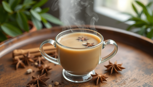 A steaming cup of Mumbai masala chai with spices
