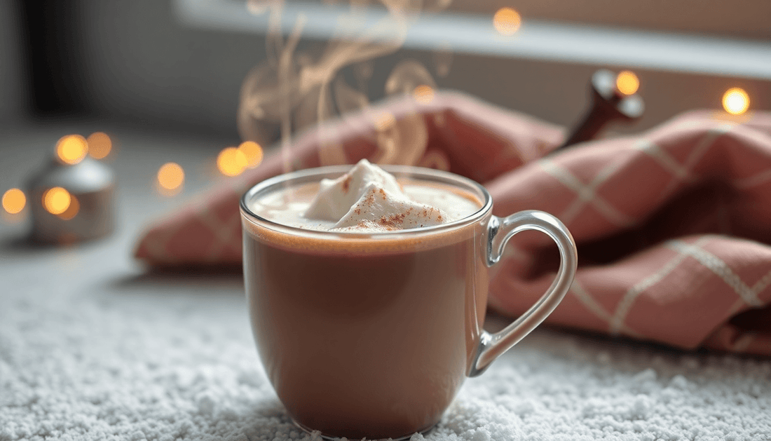 A steaming cup of hot chocolate with Nestle Nesquik pack