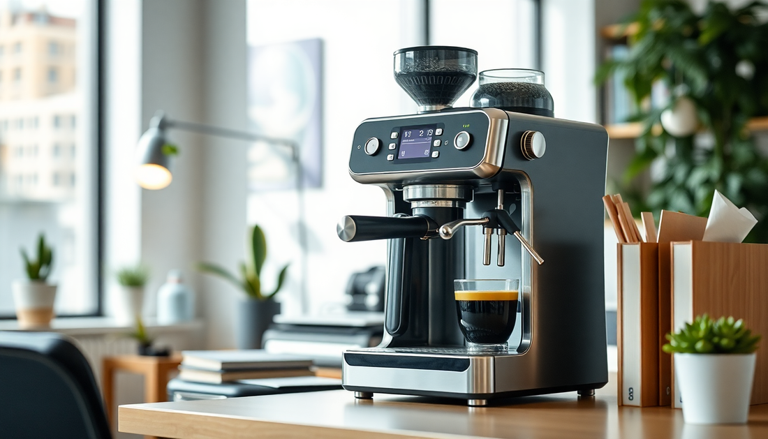 Modern espresso coffee machine on wooden table from the best coffee machine supplier in Aligarh