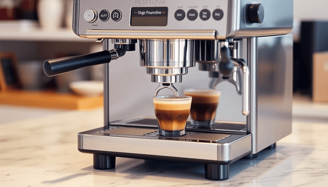 A sleek commercial coffee machine brewing espresso
