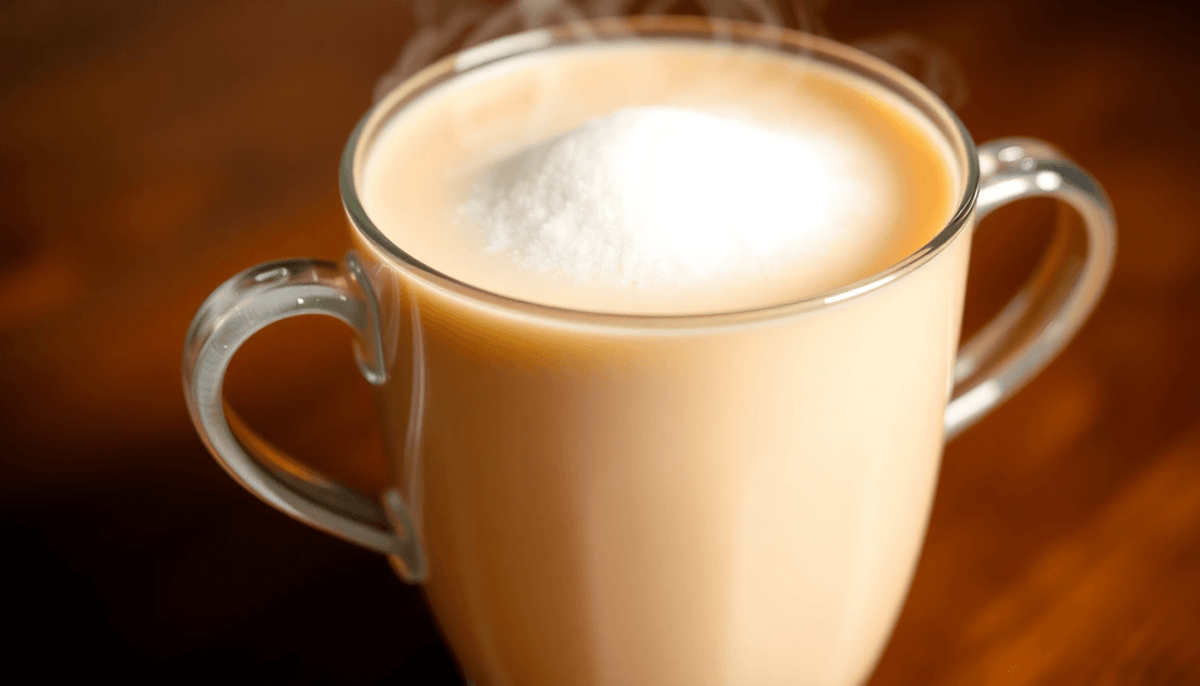 A steaming cup of milk tea with sugar and instant tea powder