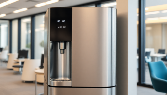 Modern stainless steel hot and cold water dispenser in a bright office space for hot and cold water dispenser rental