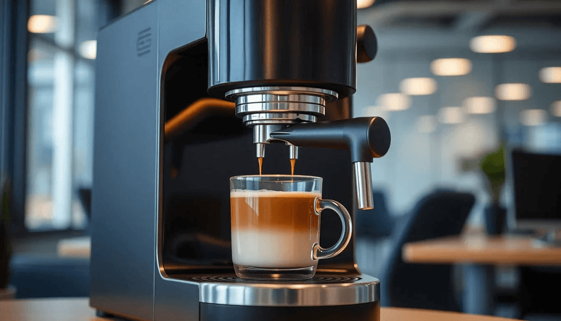 A sleek coffee machine brewing fresh coffee in an office