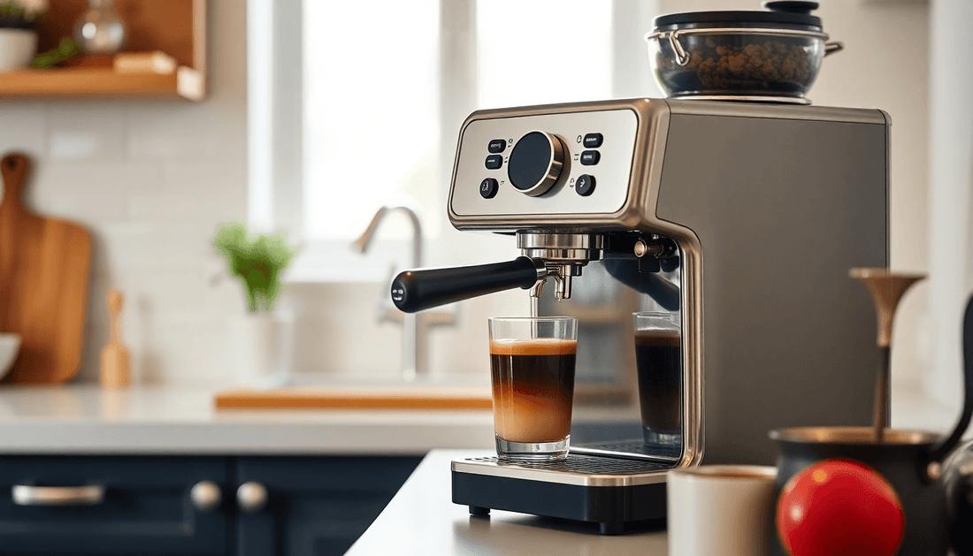 A sleek coffee machine brewing espresso in a cozy kitchen