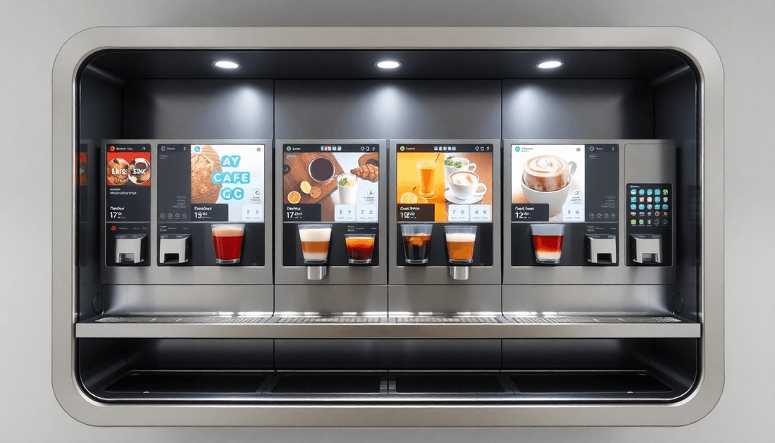 A modern coffee vending machine with four lanes dispensing beverages