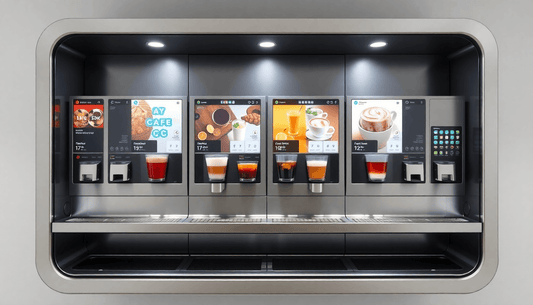 A modern coffee vending machine with four lanes dispensing beverages