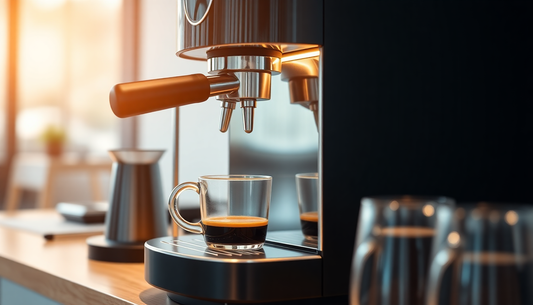 Modern coffee machine Noida for office brewing fresh espresso in a clear glass cup on wooden counter
