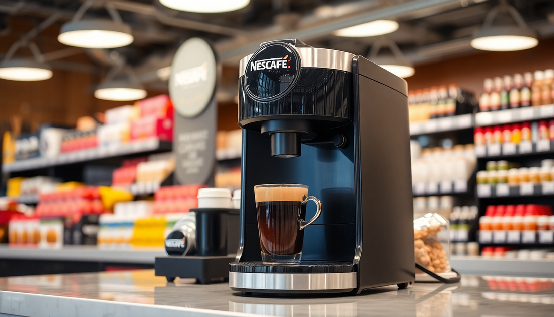 Nescafe coffee machine supplier showcasing a modern coffee machine with a cup of coffee on a store counter