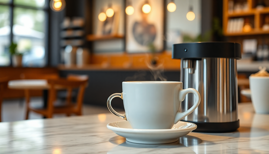 Steaming white tea cup on a saucer next to a stainless steel container in a cosy cafe for Atlantis Kadak Tea premix price