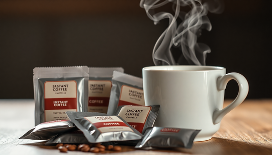 Instant coffee sachets arranged beside a steaming cup