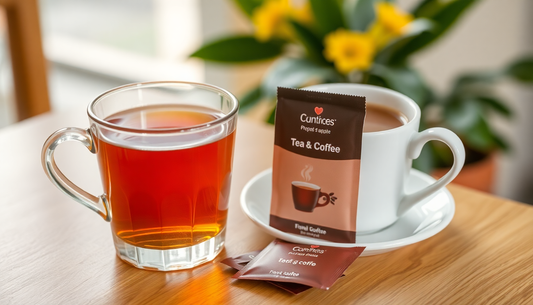 Hot tea and coffee served with sachets on a wooden table representing corporate coffee machine service Ghaziabad