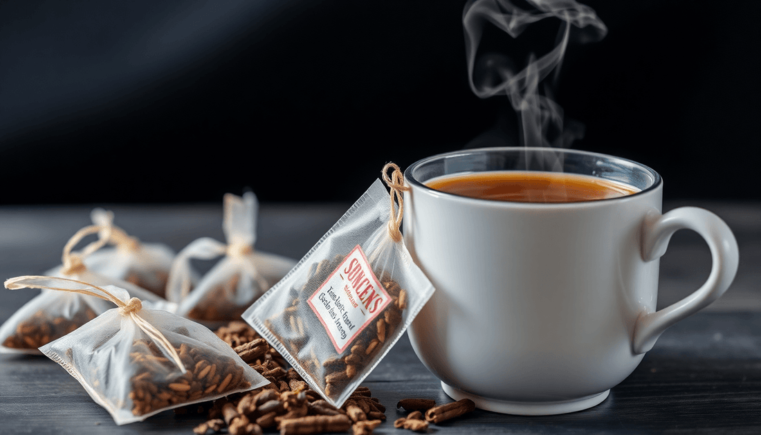 Tea sachets next to a steaming cup of chai