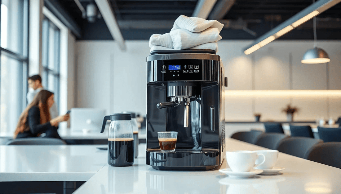 Modern office coffee machine with employees enjoying coffee
