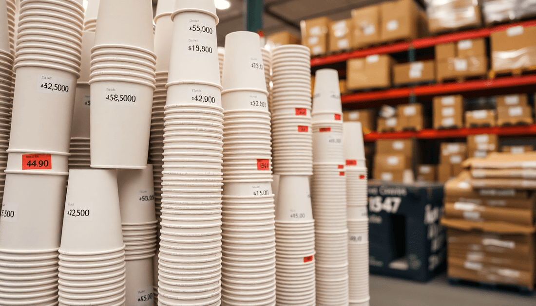 Stack of paper cups with price tags in a warehouse