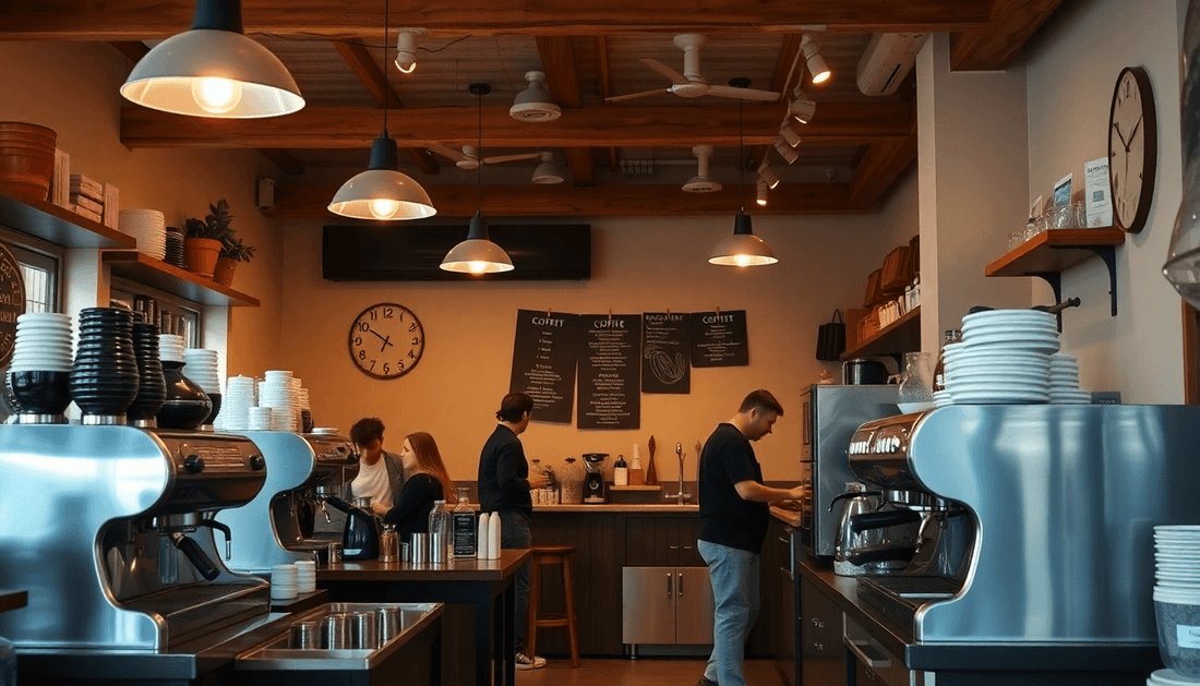 Cozy cafe interior with coffee machines and customers