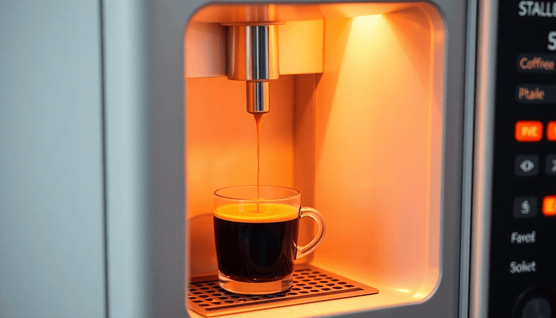 A modern coffee vending machine dispensing a cup of coffee