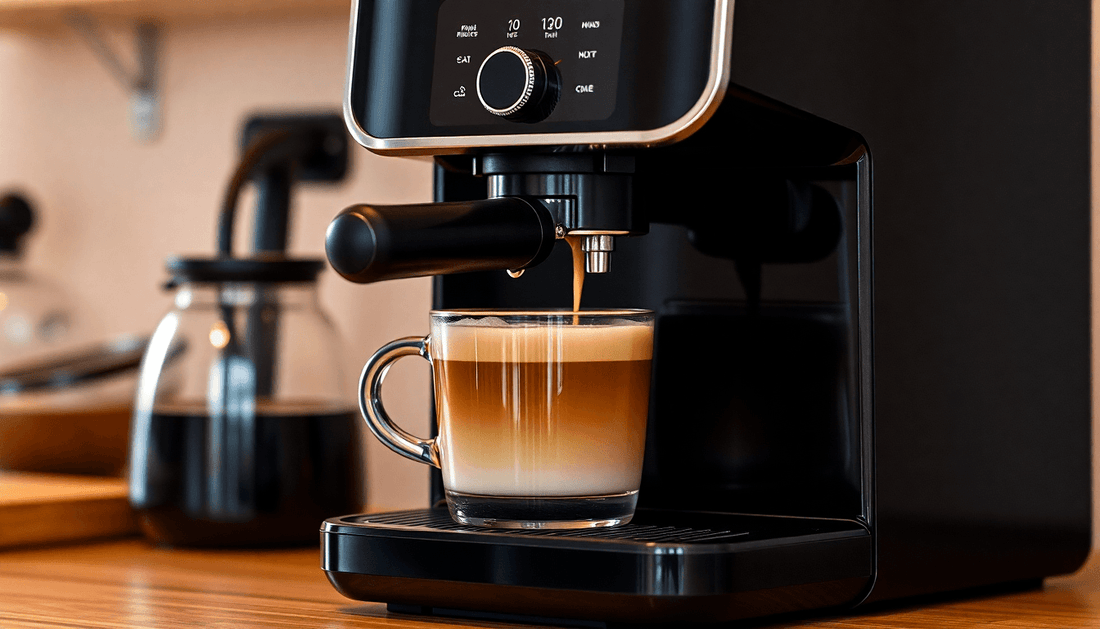 A sleek automatic coffee machine brewing fresh coffee