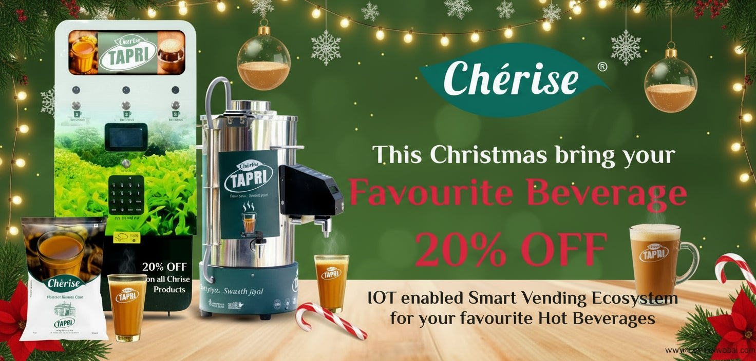 Advertisement for Chérise smart vending system with coffee equipment and text on a festive background.