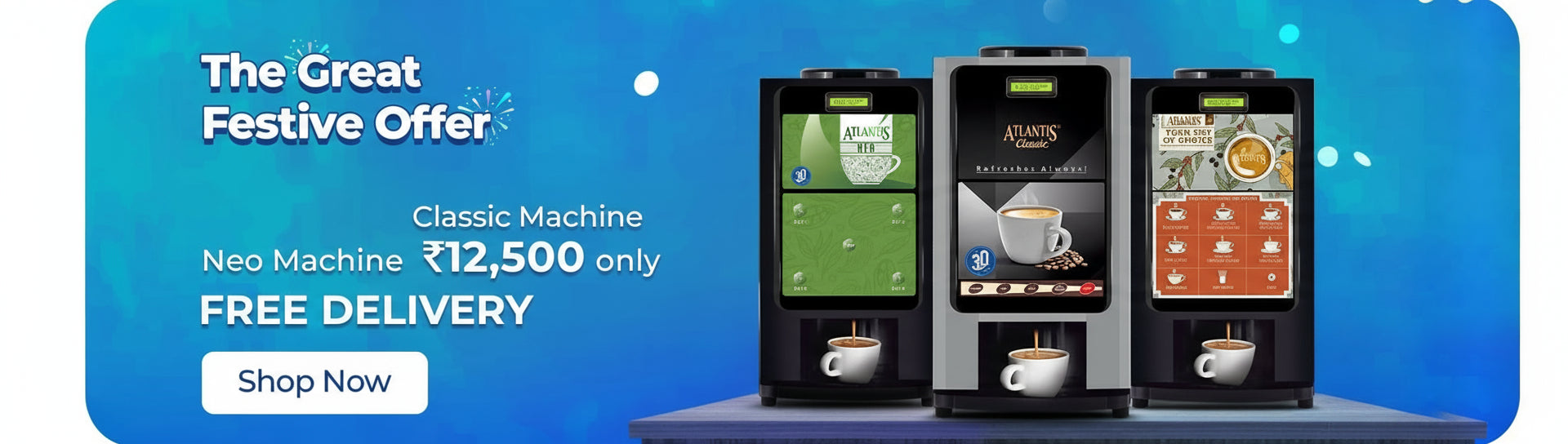 Three coffee machine models on a blue background with promotional text.