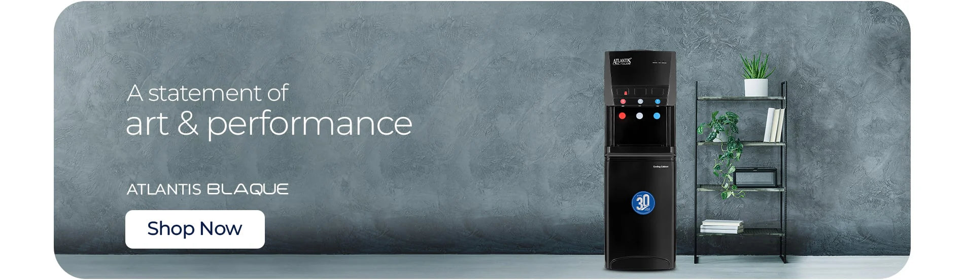 Black water cooler with 'Atlantis Blaque' branding on a gray background