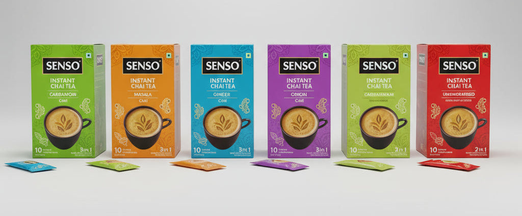 Assorted boxes of Sens tea on a wooden surface with a blurred natural background
