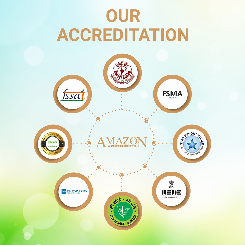 Accreditation logos of various food safety and quality organisations around Amazon vending solutions for ATLANTIS INSTACUP 3-IN-1 Coffee Premix