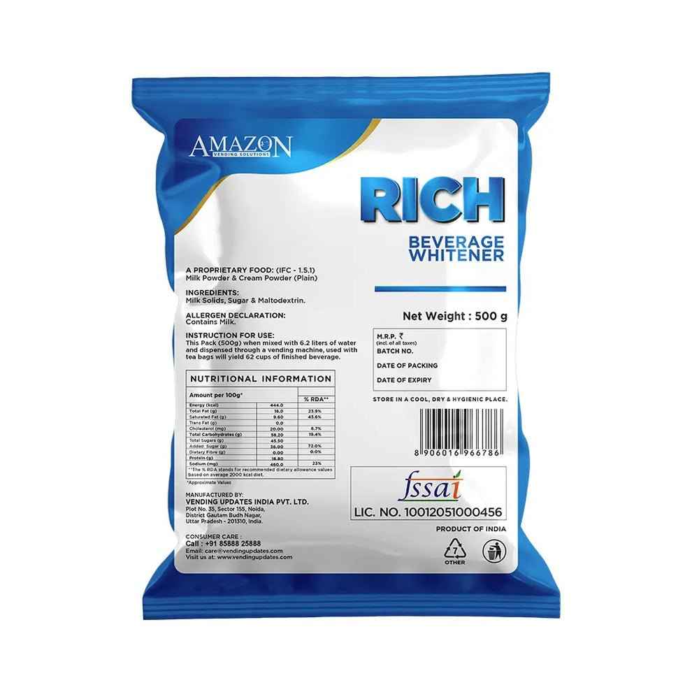 AMAZON RICH beverage whitener 500g pouch with nutritional information and usage instructions