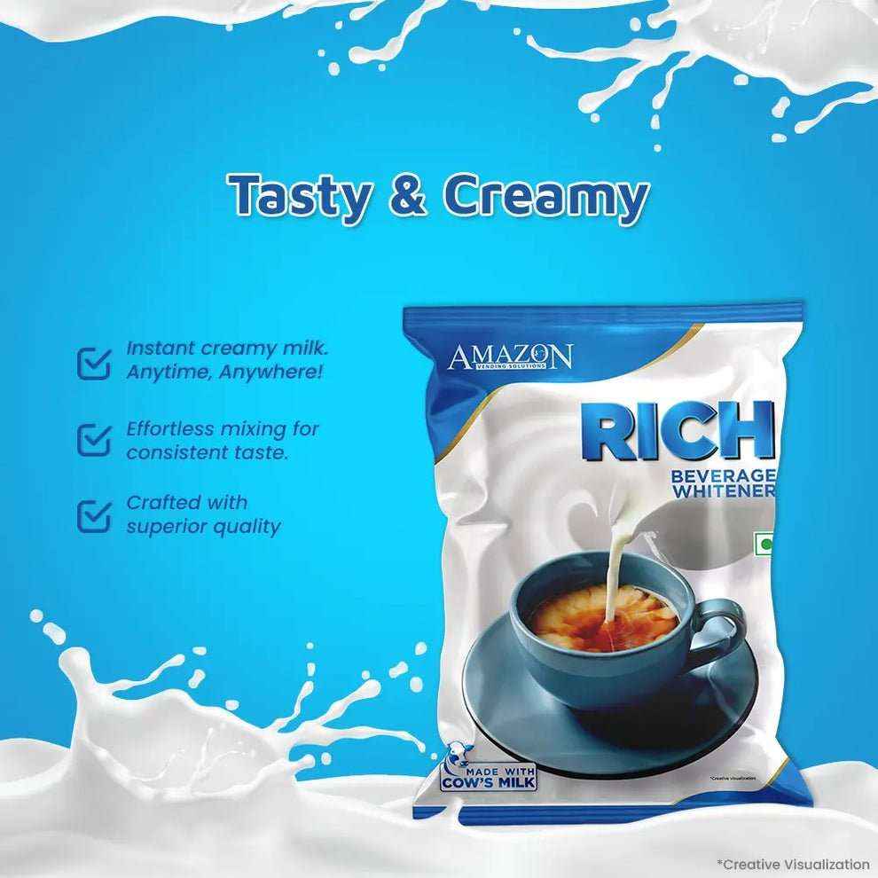 AMAZON RICH beverage whitener 500g pack with creamy milk splashes and coffee cup on blue background