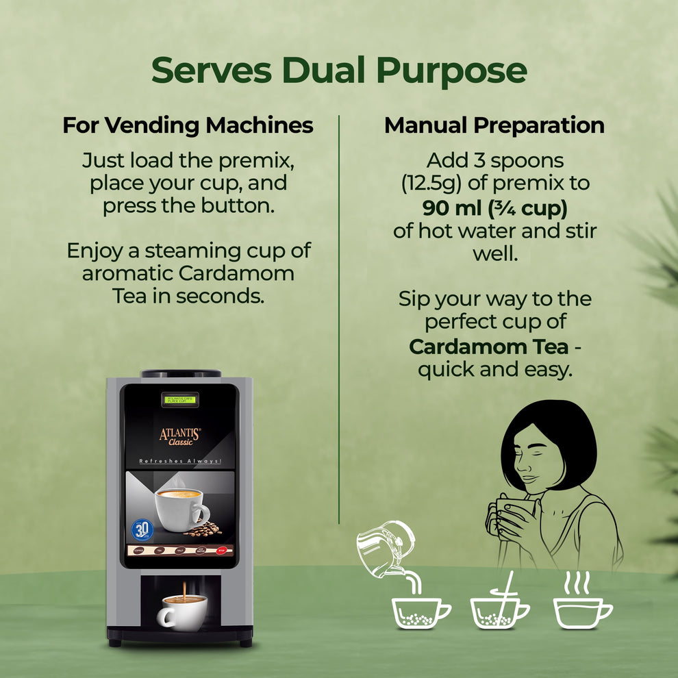 Cardamom tea premix for vending machines with instructions for dual purpose use in vending and manual preparation