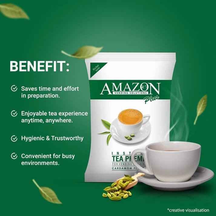 AMAZON Plus 3-in-1 Cardamom Tea Premix packet with a steaming cup of tea and cardamom pods on green background