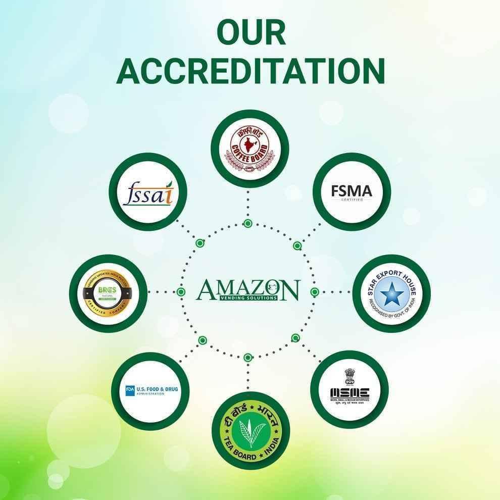Accreditation logos surrounding Amazon vending solutions text for instant tea powder for vending machines