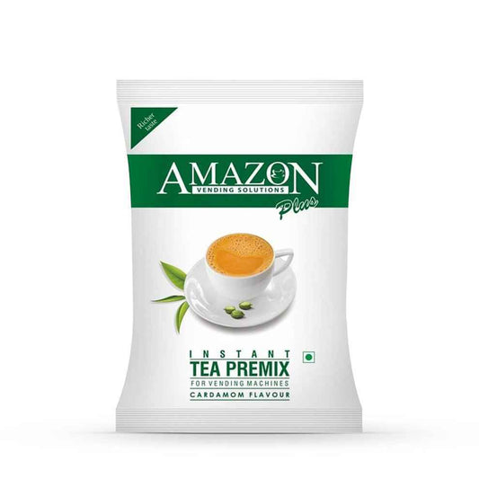 AMAZON Plus 3-in-1 Cardamom Tea Premix packet with cup of tea and cardamom flavor for vending machines