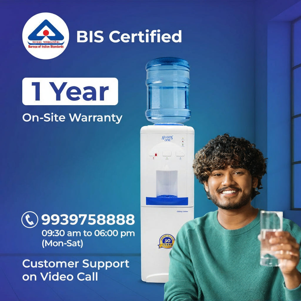 Happy man holding glass of water near water dispenser with one year warranty and BIS certified logo for Amazon coffee powder Durg