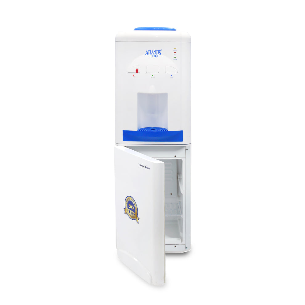White and blue water dispenser with refrigerating compartment by Tea coffee vending service featuring Amazon coffee powder Durg