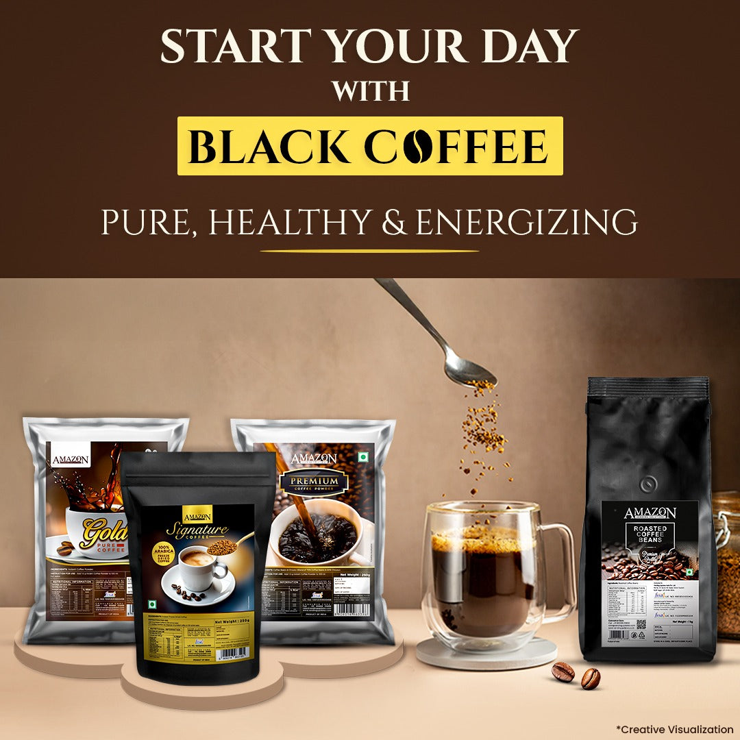 Amazon coffee premix Nizamabad by Coffee walla with black coffee packs and a glass cup of black coffee being poured