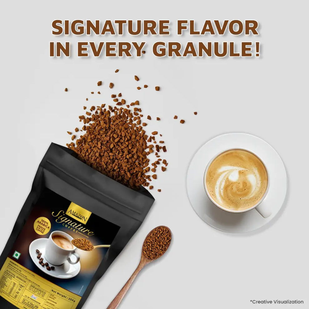 Coffee Walla Amazon coffee premix Nizamabad with signature flavour granules and cup of coffee on white background