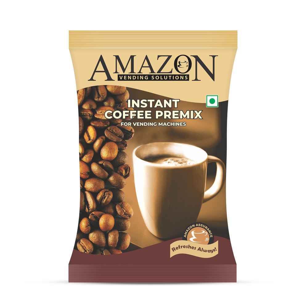 Amazon 3 in 1 coffee premix powder packet with coffee beans and a cup of coffee