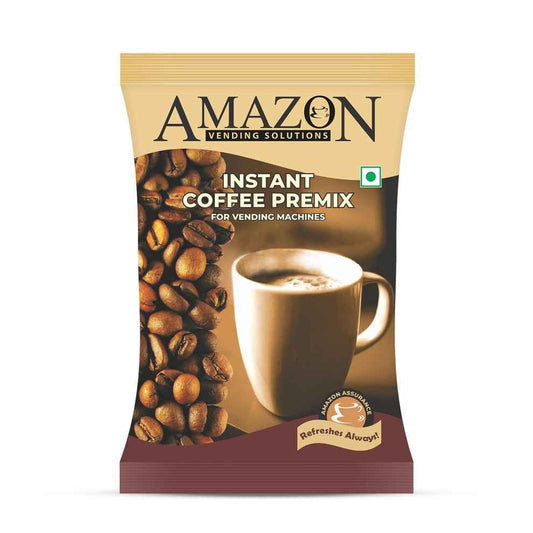 Amazon 3 in 1 coffee premix powder packet with coffee beans and a cup of coffee