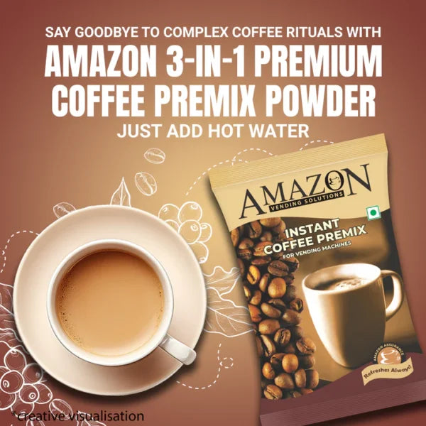 Amazon 3 in 1 coffee premix powder packet next to a cup of creamy coffee on a plate