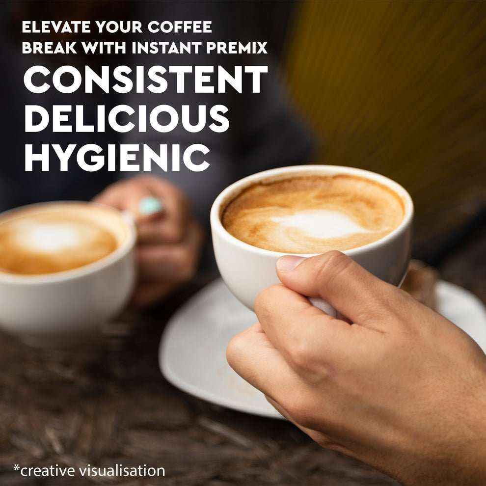 Two hands holding cups of coffee promoting AMAZON Gold 3-in-1 instant coffee powder with consistent and delicious taste