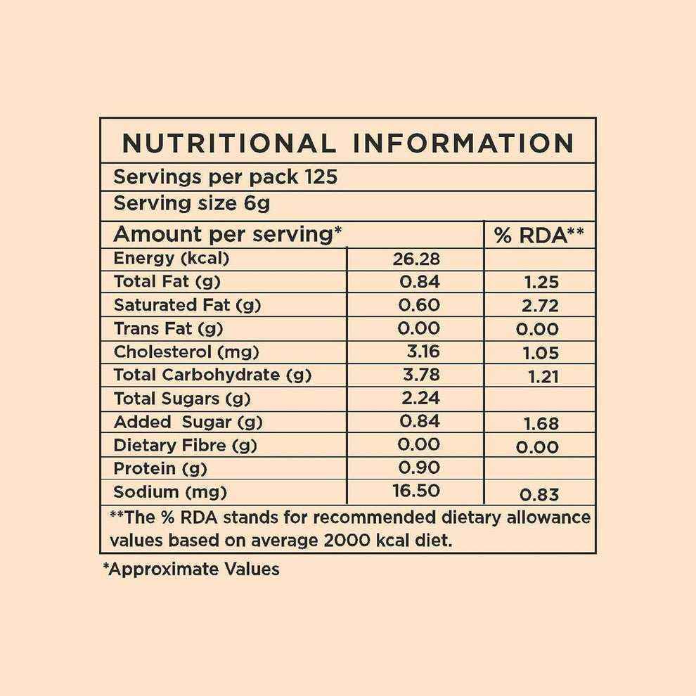 Nutritional information label for AMAZON Gold 3-in-1 instant coffee powder showing servings, calories, fat, sugar, and protein content
