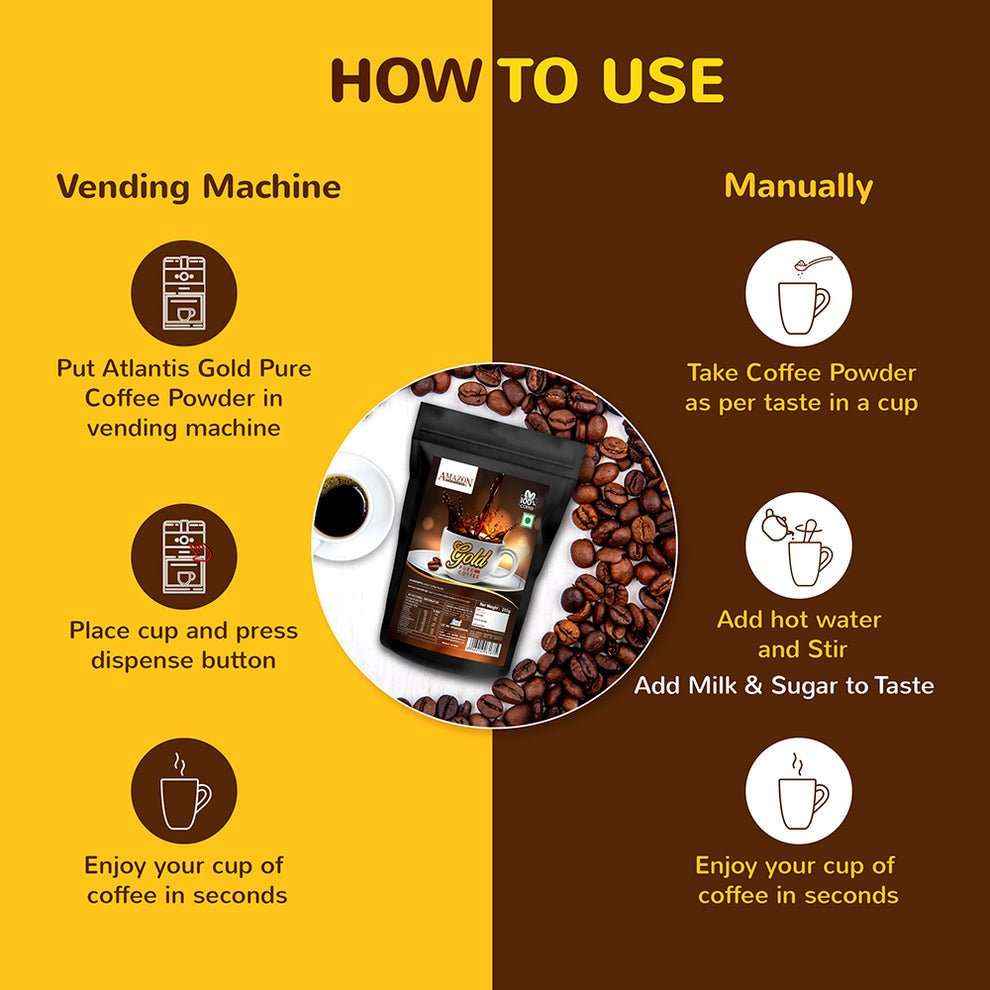 Instructions on how to use Atlantis Gold Pure Coffee Powder with vending machine or manually with Amazon gold coffee powder 250g price