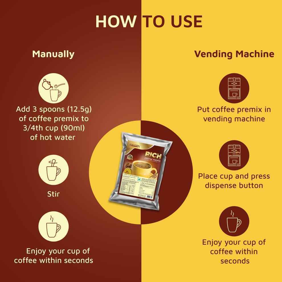 Instructions for Amazon gold coffee premix purchase online showing manual and vending machine use with coffee packet image