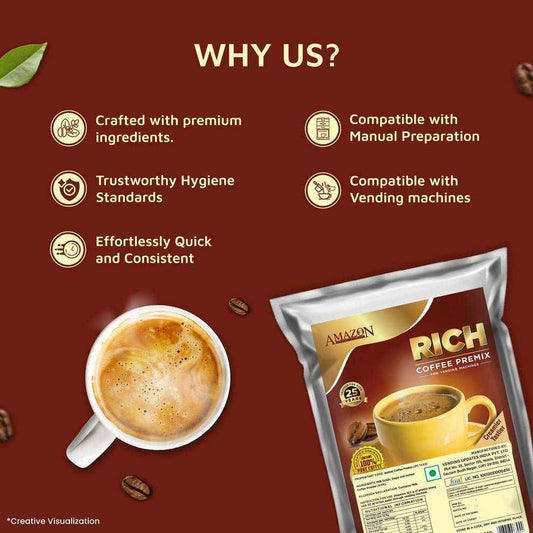 Amazon gold coffee premix purchase online showing rich coffee cup and packet with premium quality features
