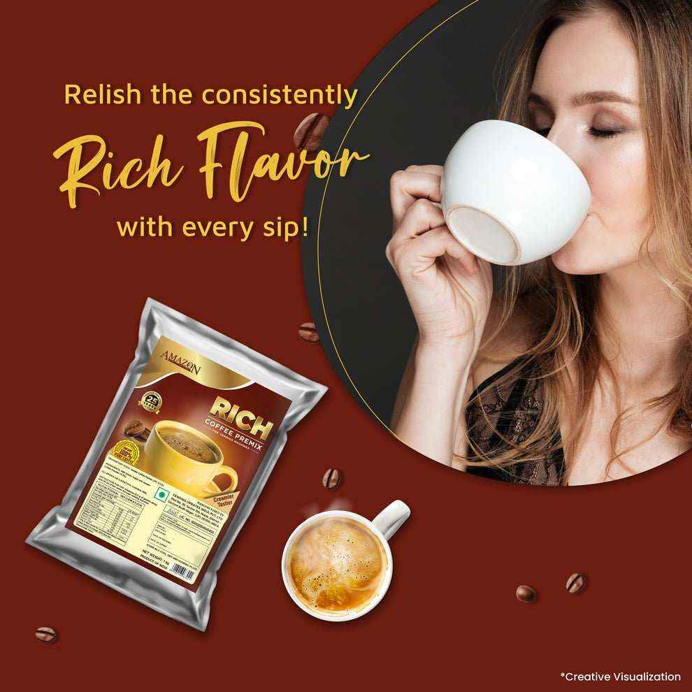 Amazon gold coffee premix purchase online with rich flavor shown by woman enjoying a cup of coffee