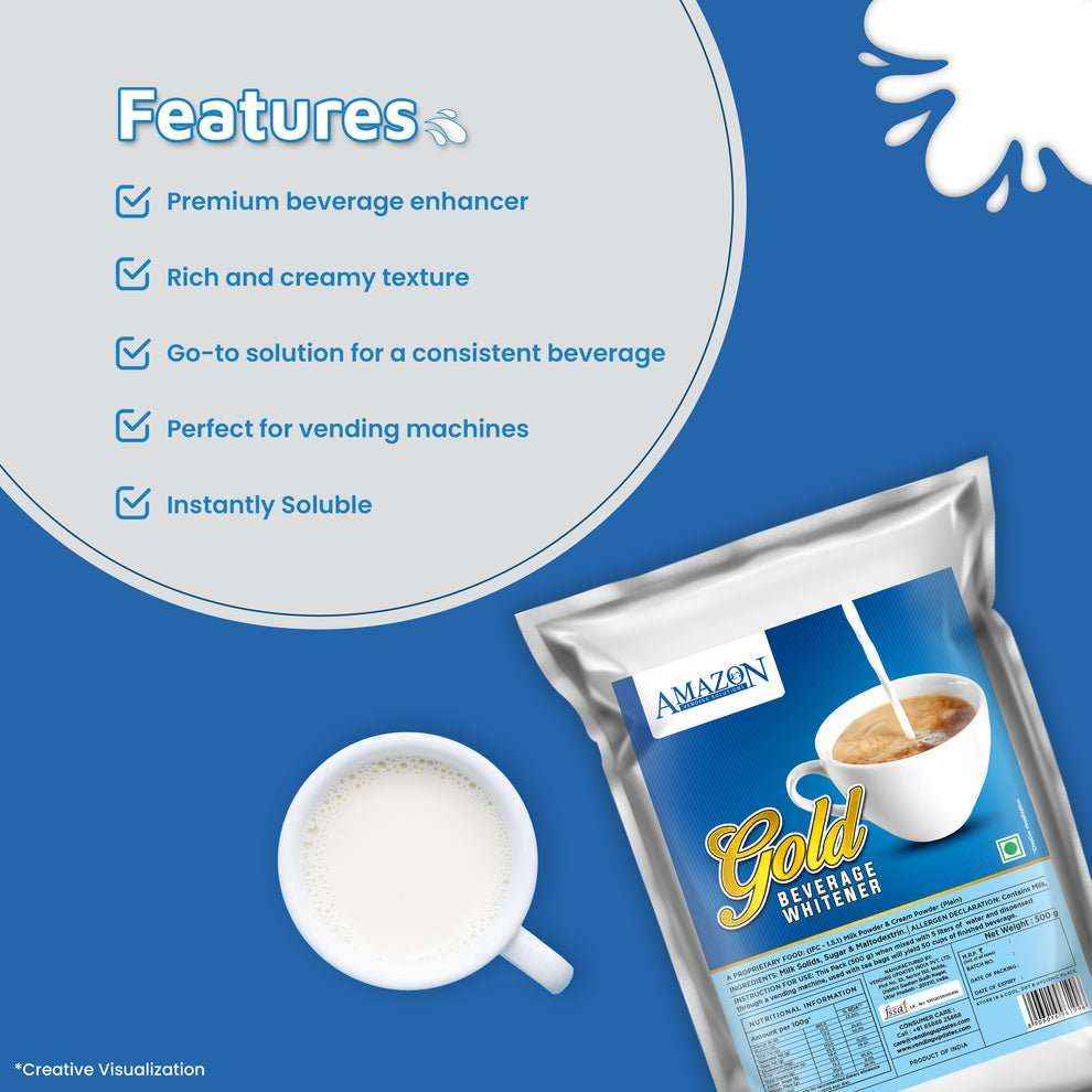 Amazon Gold dairy whitener for vending machines pack alongside a cup of creamy white beverage on blue background