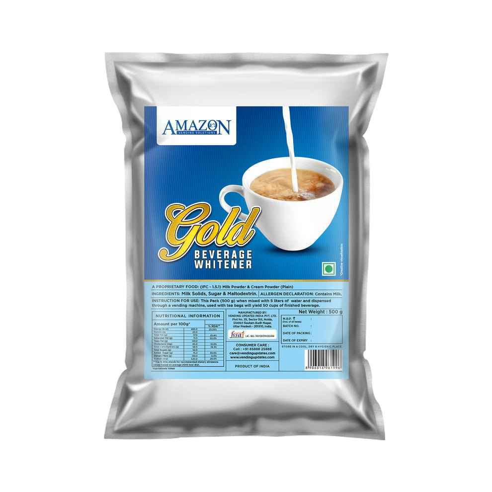 Amazon Gold dairy whitener for vending machines in 500g silver pouch with blue label and coffee cup image